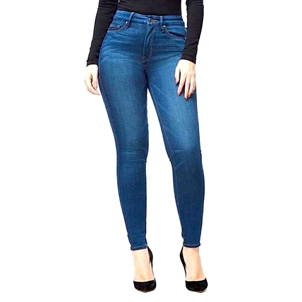 Good American Good Waist Skinny Jeans Raw Hem Plus Size Dark Blue